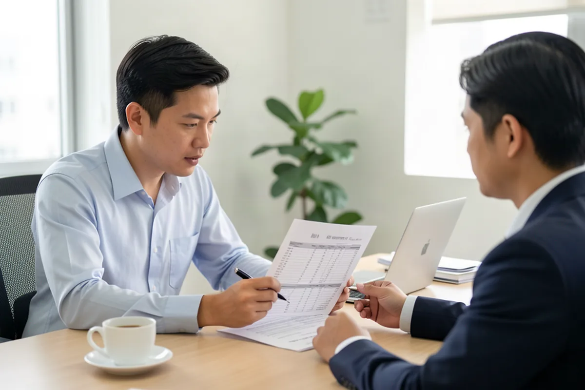 Kế toán viên giải thích báo cáo tài chính cho chủ doanh nghiệp qua bản in trên bàn