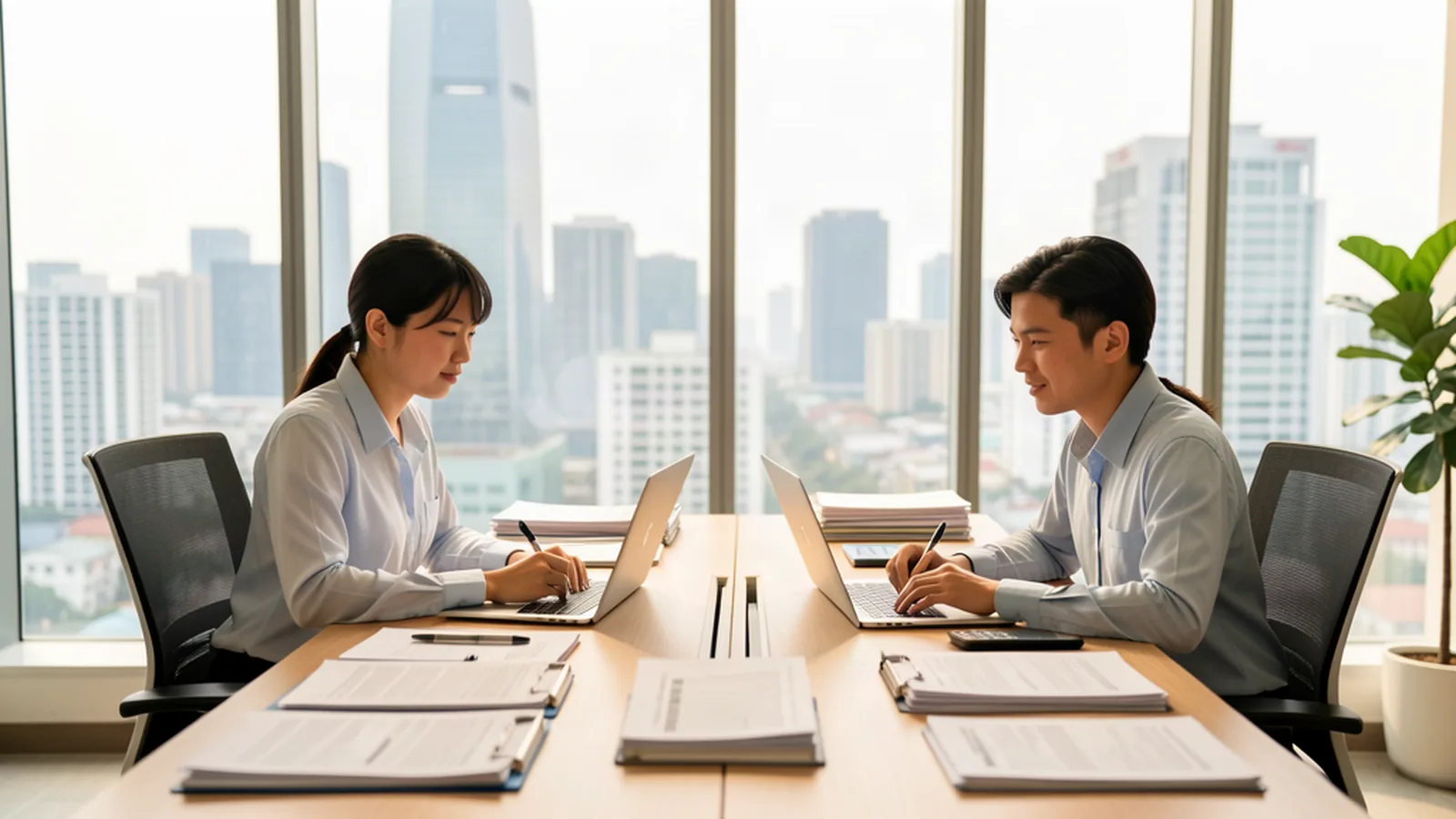 Hai kế toán viên làm việc tại bàn trong văn phòng sáng, cửa sổ nhìn ra đường chân trời TP.HCM