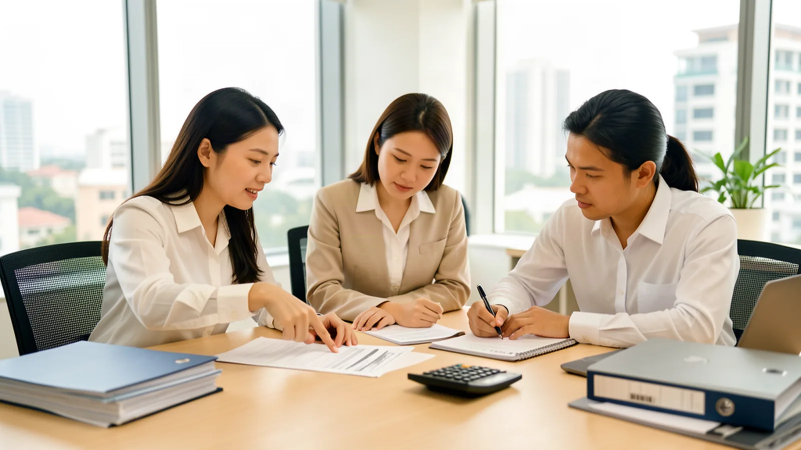 Ba kế toán viên cùng xem báo cáo giấy tại bàn làm việc trong văn phòng nhiều ánh sáng